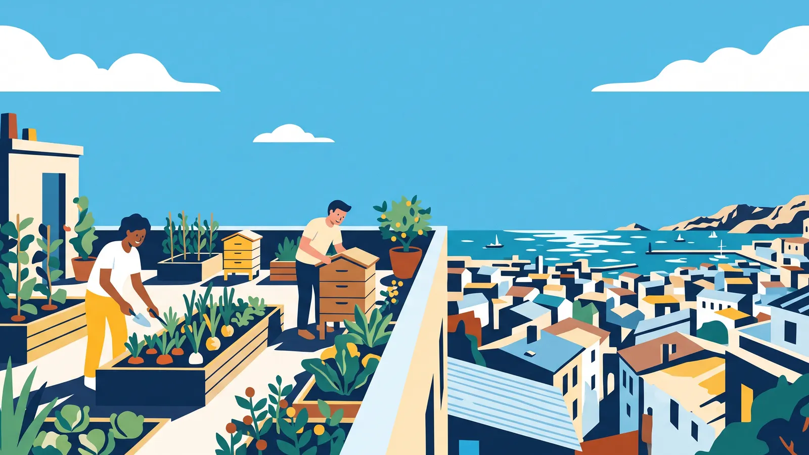 Ferme urbaine sur un toit avec potager et ruches, vue sur les toits de la ville et la mer