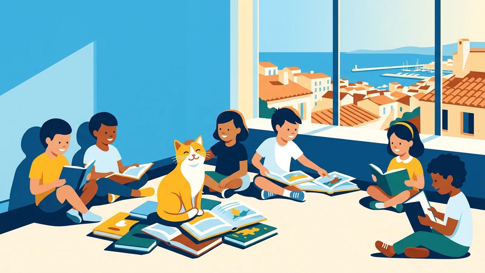 Enfants qui lisent des albums autour d'un chat roux dans une bibliothèque lumineuse avec vue sur les toits