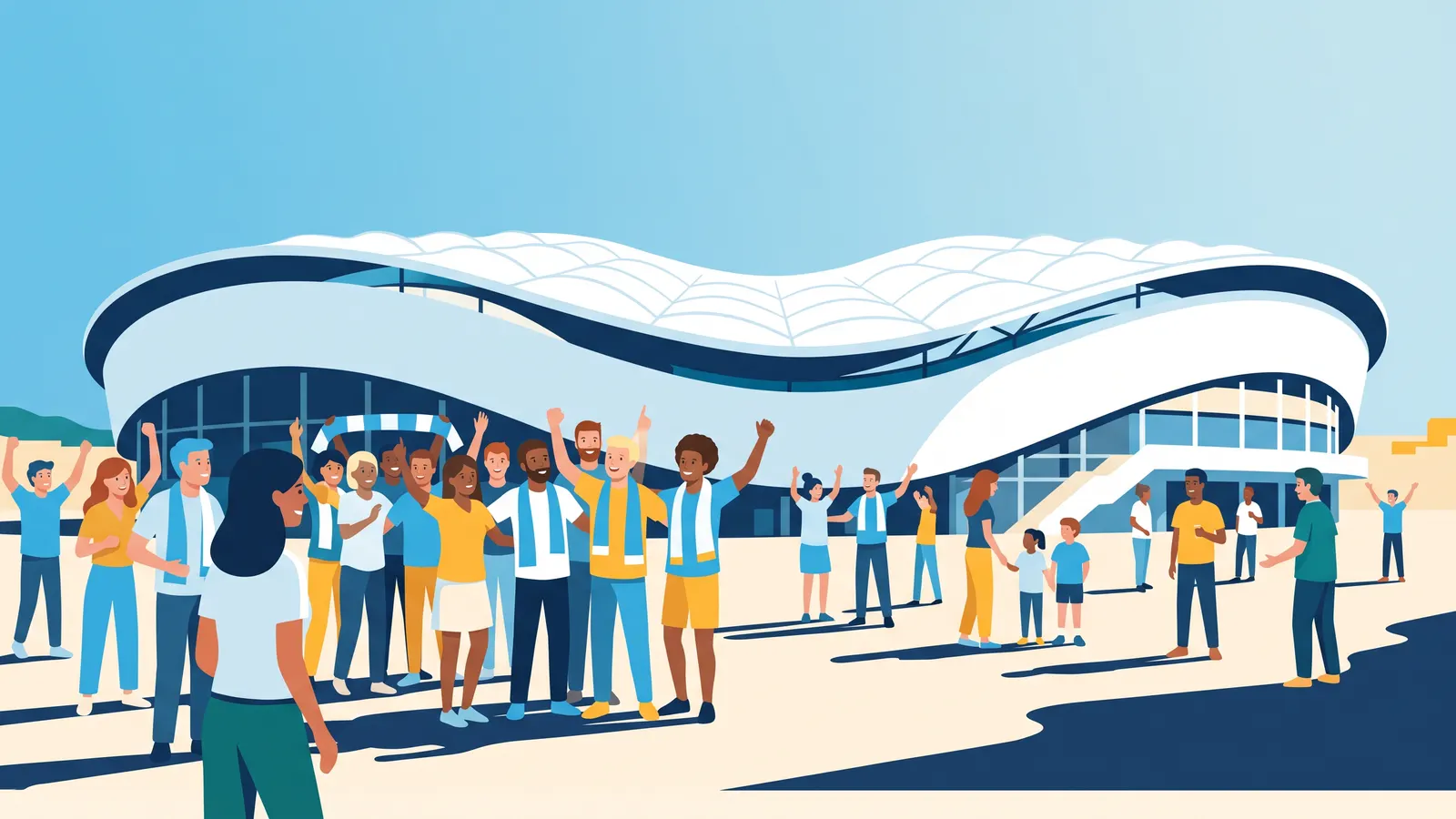 Supporters en écharpes bleu ciel et blanc qui célèbrent devant un grand stade au toit blanc ondulé