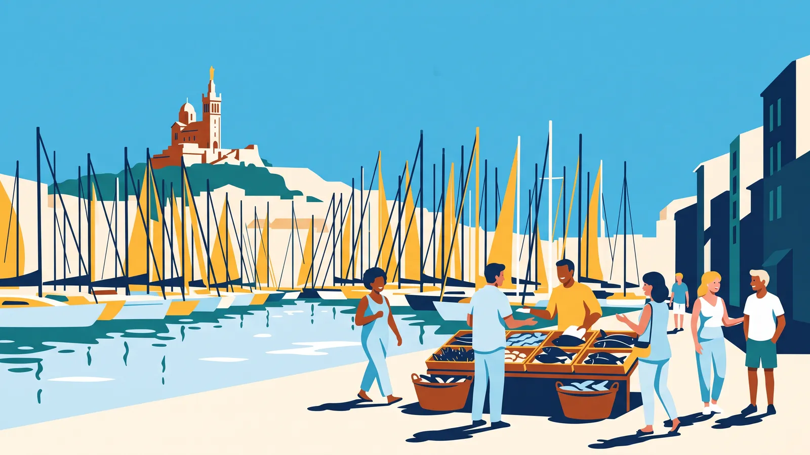 Illustration du Vieux-Port un matin ensoleillé : mâts des voiliers, Notre-Dame de la Garde sur sa colline et un étal de poissons sur le quai
